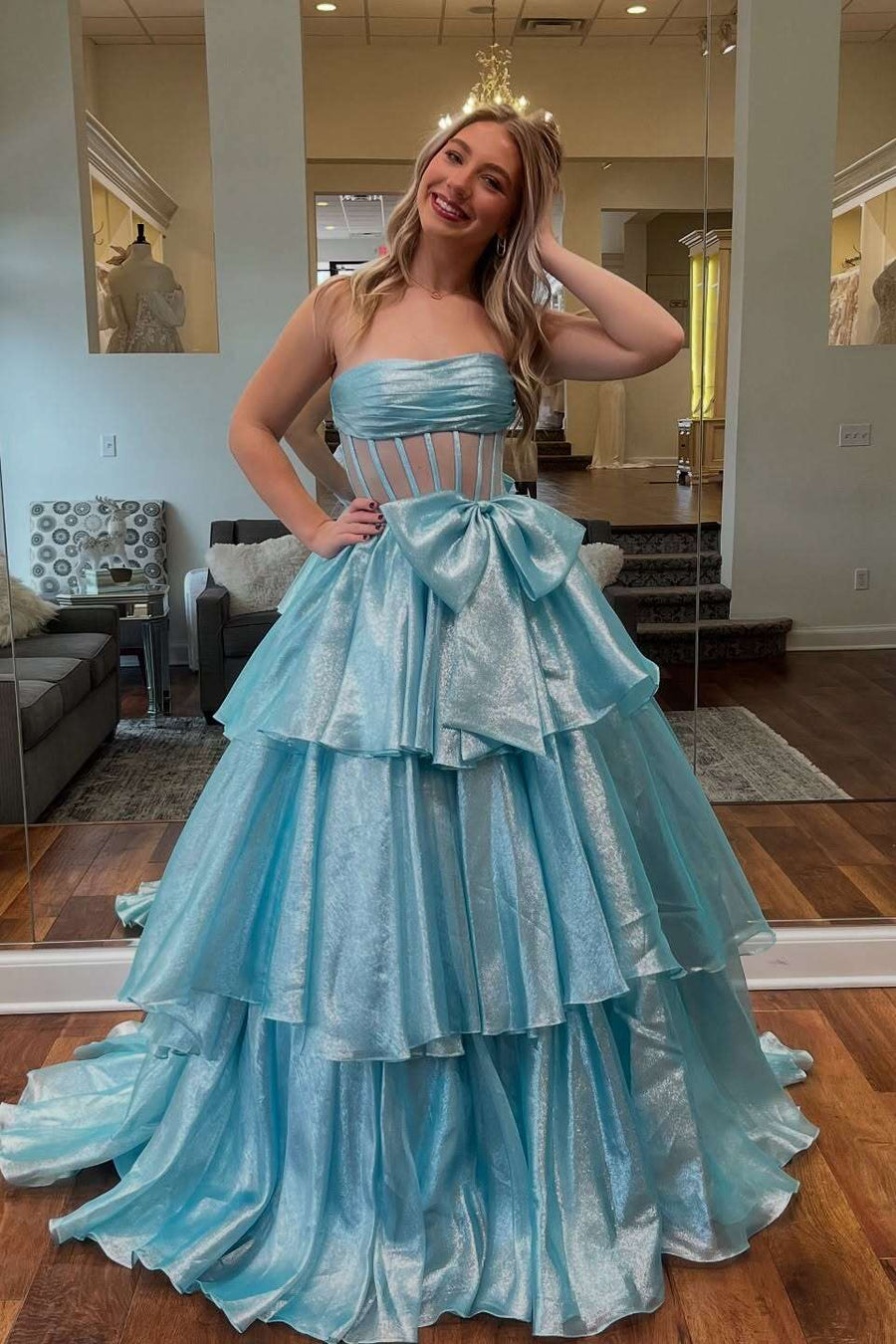 Strapless Blue Tiered Long Dress with bow