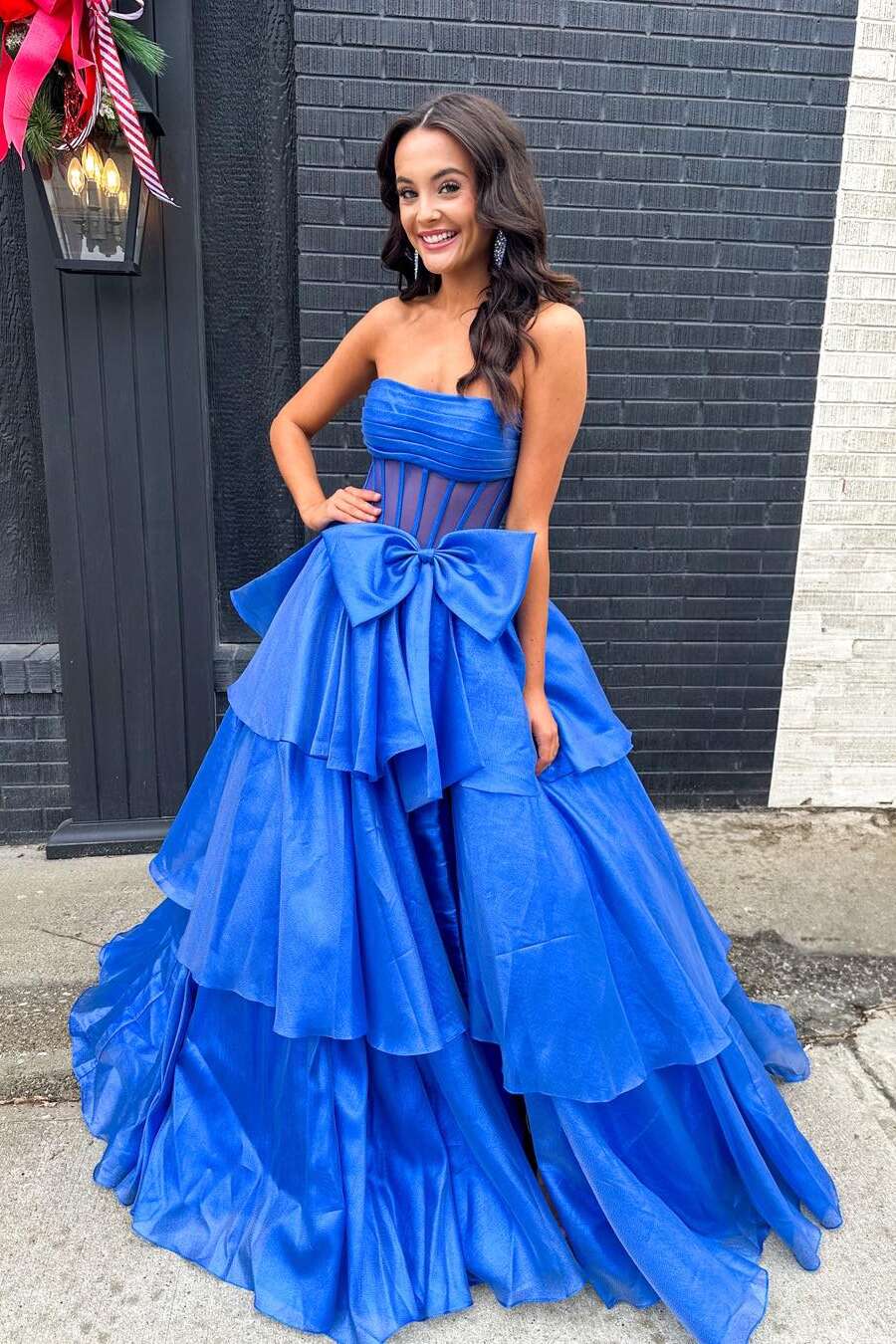 Strapless Blue Tiered Long Dress with bow