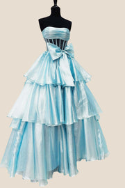 Strapless Blue Tiered Long Dress with bow