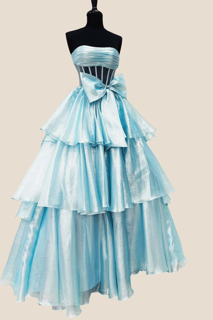 Strapless Blue Tiered Long Dress with bow