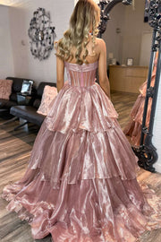 Strapless Blue Tiered Long Dress with bow