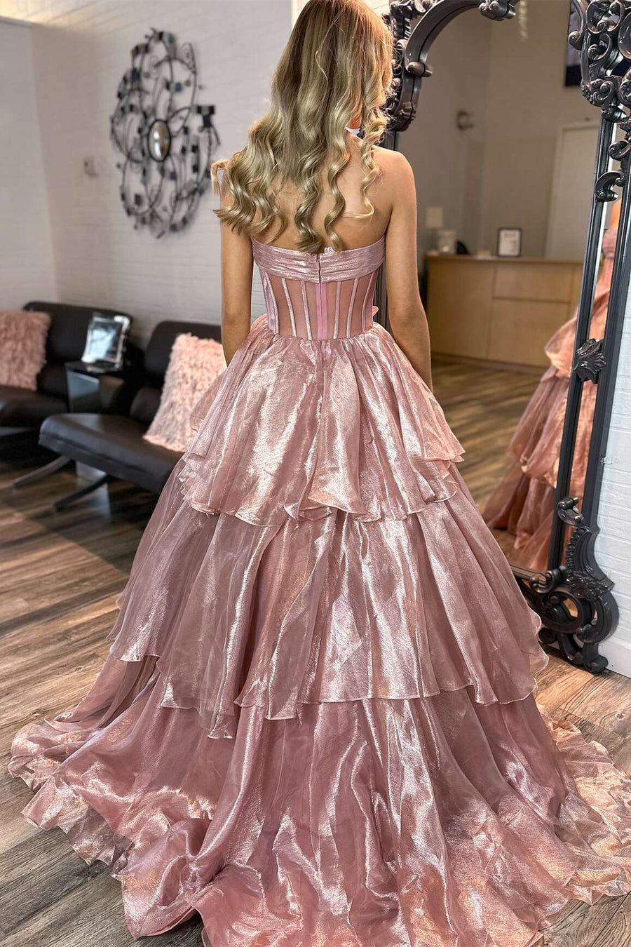Strapless Blue Tiered Long Dress with bow