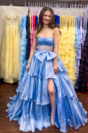 Strapless Blue Tiered Long Dress with bow