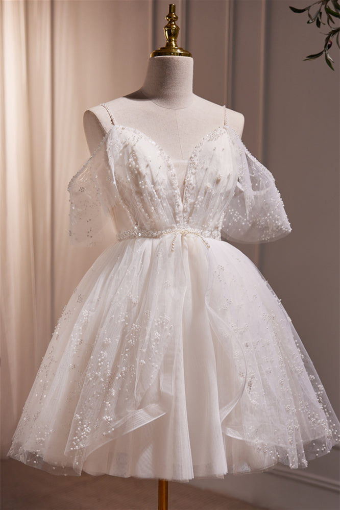 Off the Shoulder White Pearls A-line Short Dress – Ohmollydress