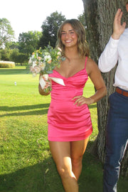 Straps Yellow Ruched Satin Short Dress