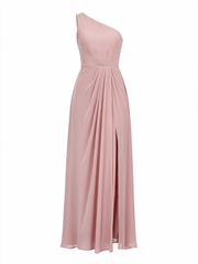 Blush Pink One Shoulder Chiffon A-Line Long Dress