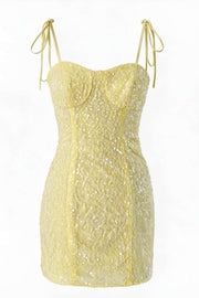 Tie Shoulder Straps Sequin Yellow Fitted Dress