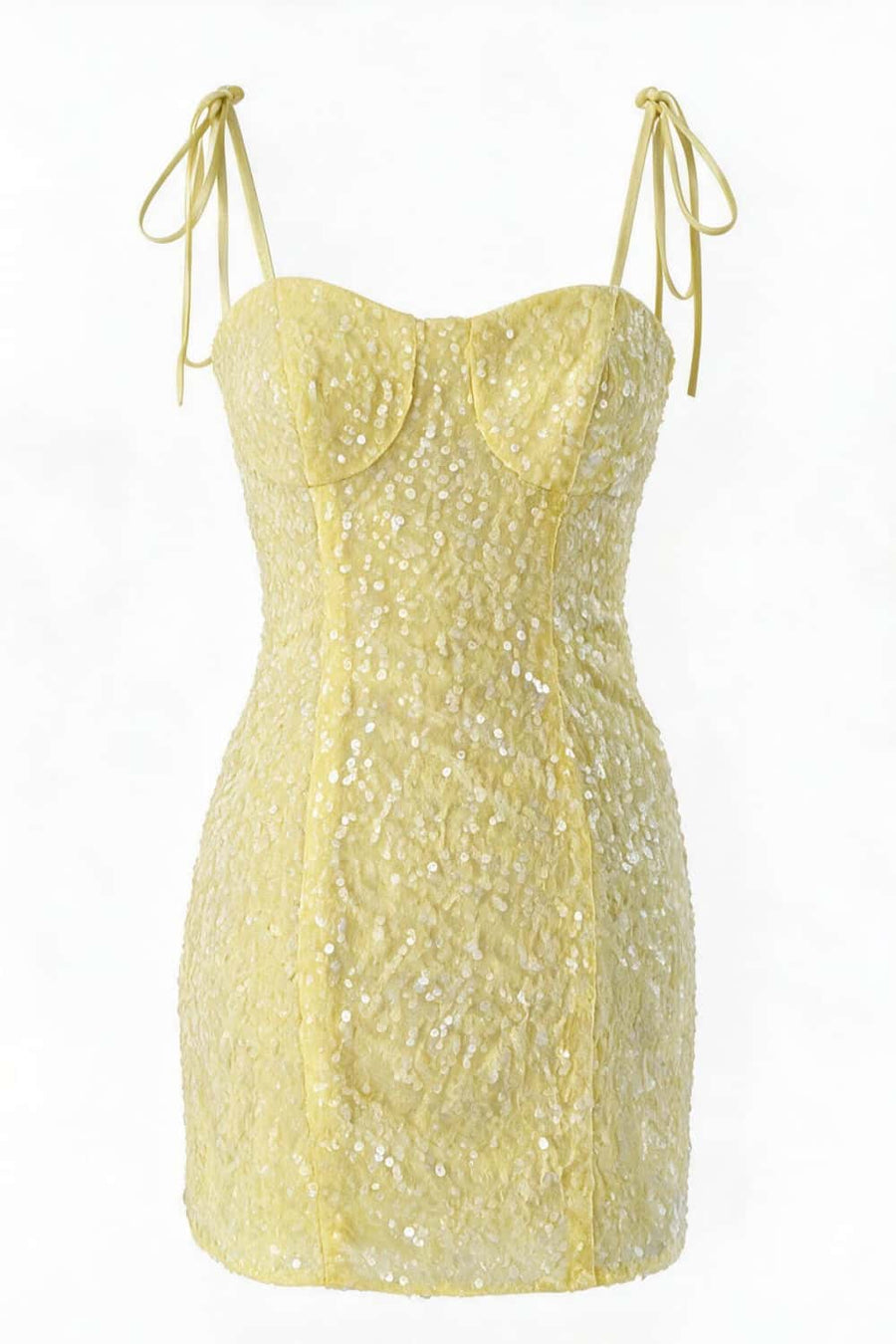 Tie Shoulder Straps Sequin Yellow Fitted Dress