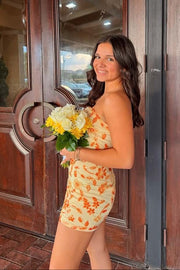 Yellow Strapless Beaded Tight Mini Dress