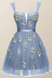 Cap Sleeves Blue Floral A-line Short Dress