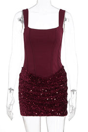 Square Neck Burgundy Sequin Ruched Mini Dress