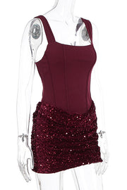 Square Neck Burgundy Sequin Ruched Mini Dress