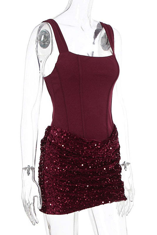 Square Neck Burgundy Sequin Ruched Mini Dress