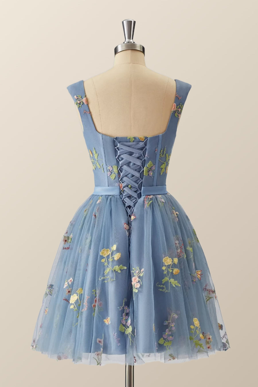 Cap Sleeves Blue Floral A-line Short Dress