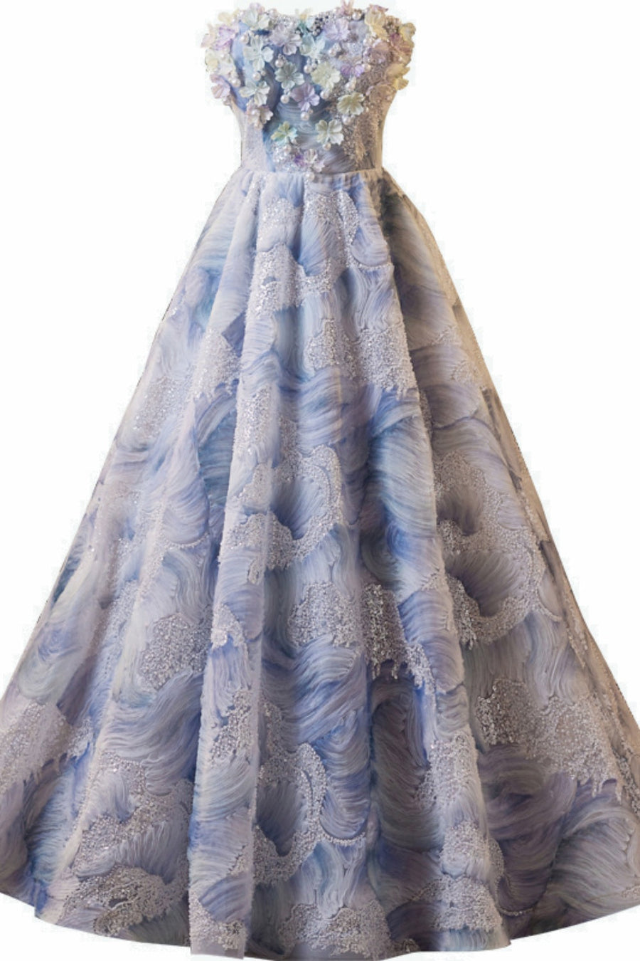 Strapless Blue Print A-line 3D Flowers Long Formal Gown