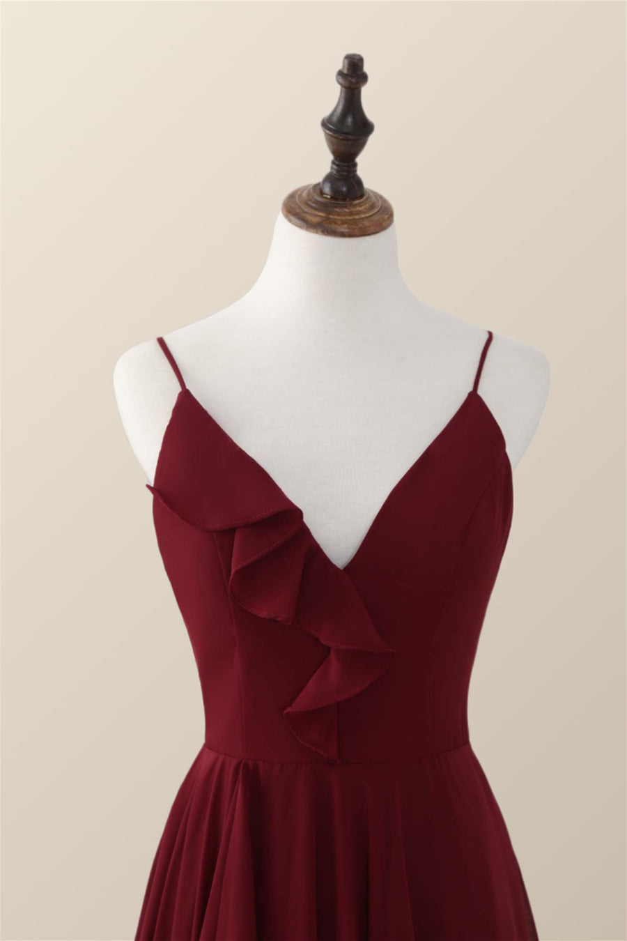 Wine Red Straps Ruffle A-line Long Bridesmaid Dress