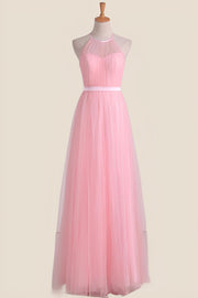 Halter Pink Pleated Tulle A-line Long Party Dress