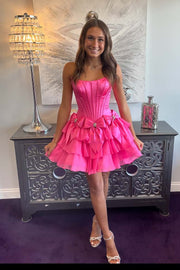 Strapless Blue Ruffle Tiered Short Dress with Bow