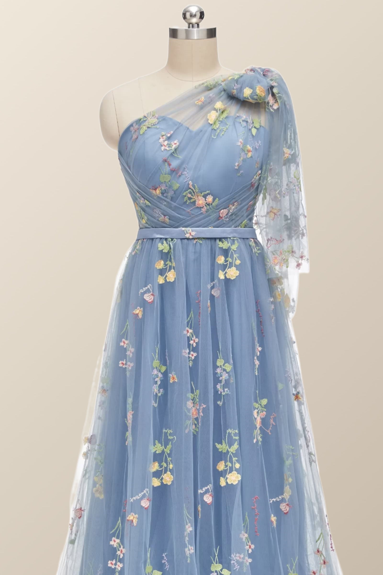 One Shoulder Blue Floral Long Formal Dress – Ohmollydress
