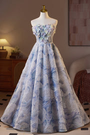 Strapless Blue Print A-line 3D Flowers Long Formal Gown
