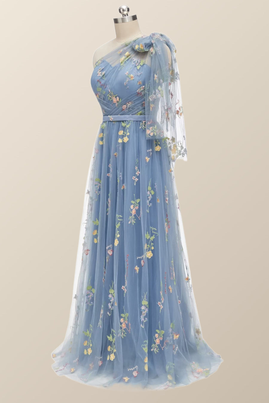 One Shoulder Blue Floral Long Formal Dress