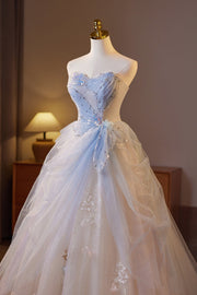 Sweetheart Champagne and Blue Tulle A-line Long Formal Gown