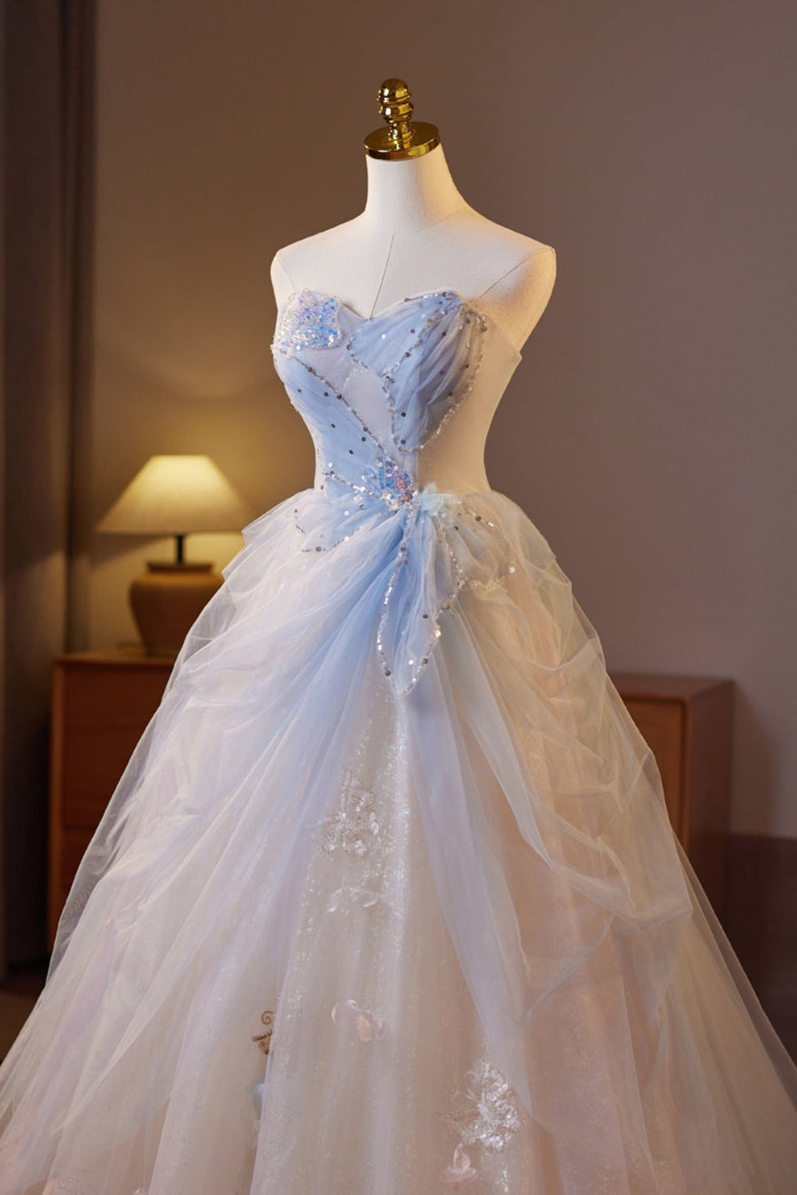 Sweetheart Champagne and Blue Tulle A-line Long Formal Gown