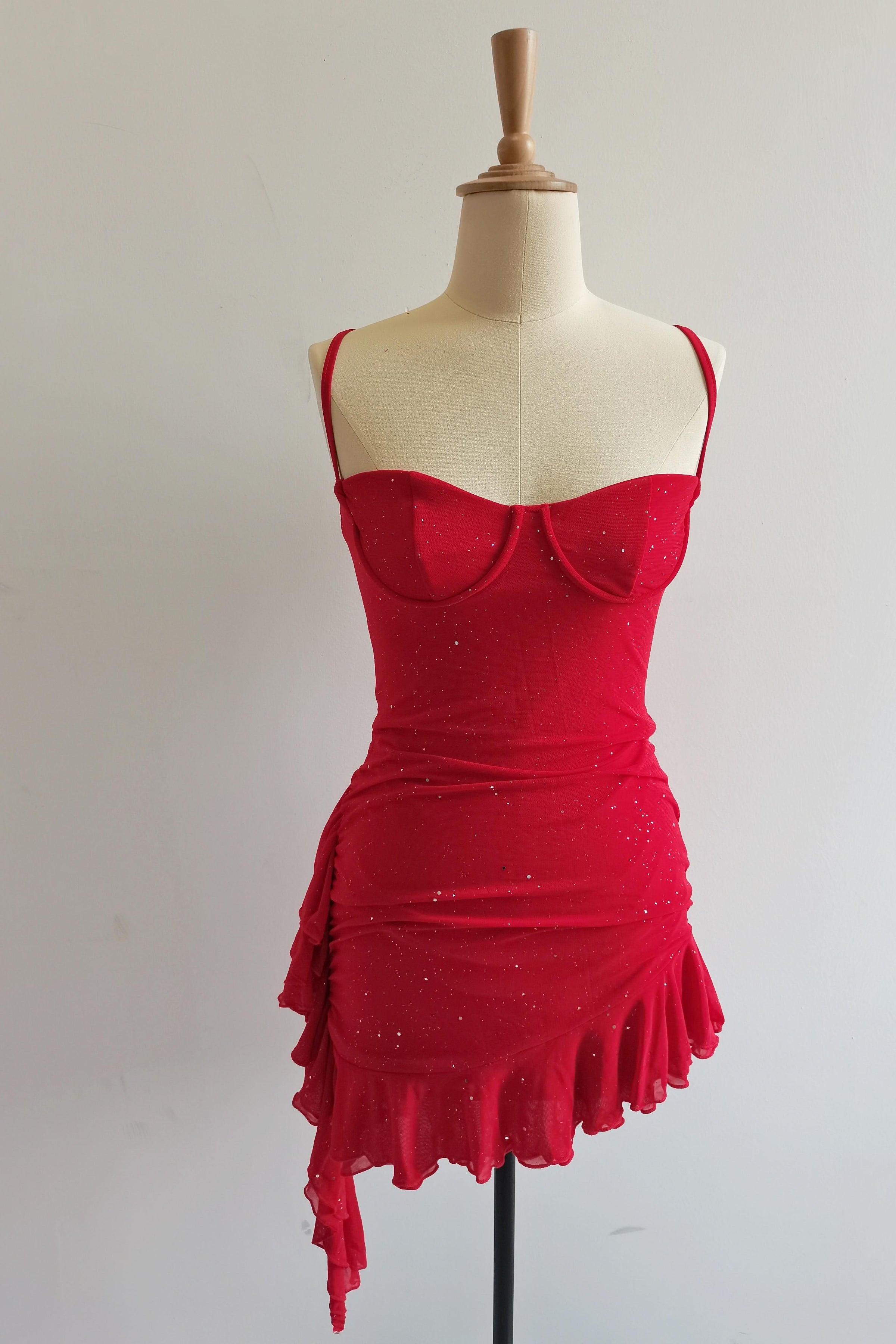 Straps Red Sparkle Fitted Dress with Ruffles Ohmollydress Straps Red Sparkle Fitted Dress with Ruffles Ohmollydress