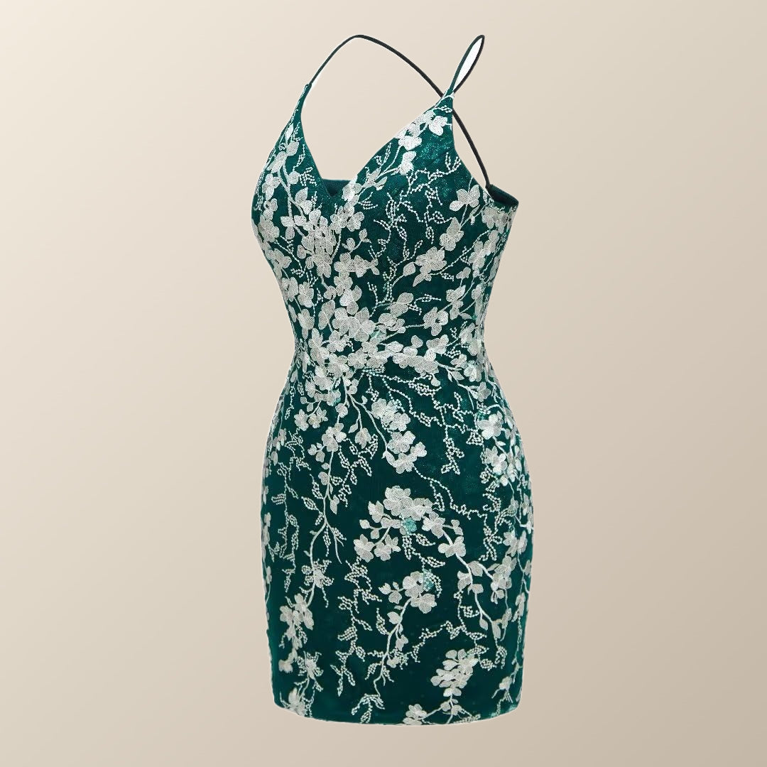 Green and White Floral Tight Mini Dress