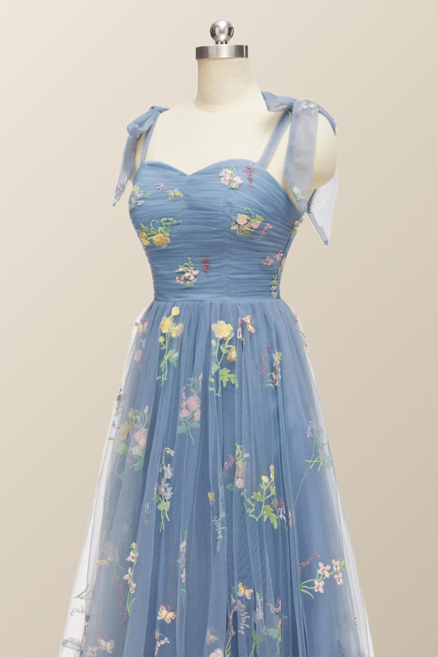 Tie Straps Blue Floral A-line Long Formal Dress Ohmollydress Tie Straps Blue Floral A-line Long Formal Dress Ohmollydress