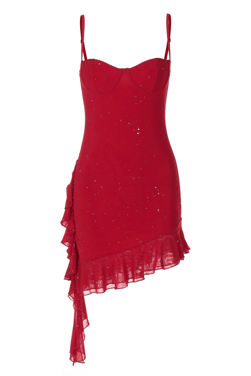 Straps Red Sparkle Fitted Dress with Ruffles