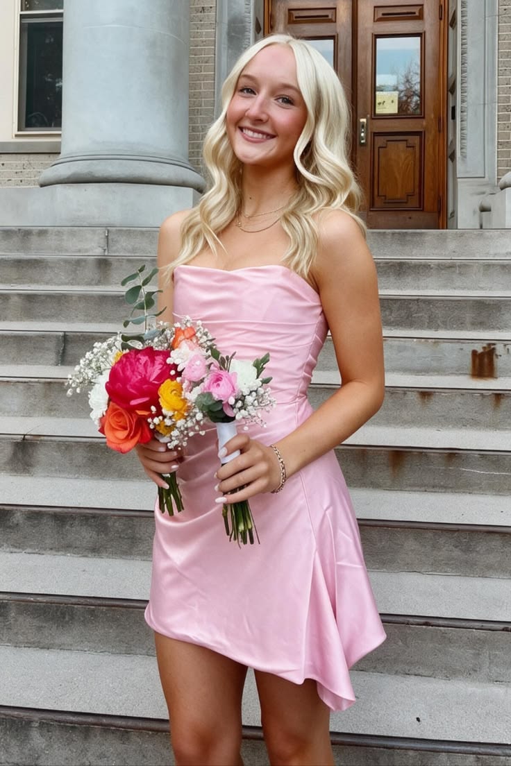 Pink Draped Satin Handkerchief Hem Mini Dress