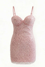 Spaghetti Straps Sequin Pink Short Fitted  Dress