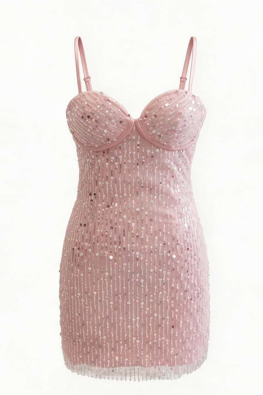 Spaghetti Straps Sequin Pink Short Fitted  Dress