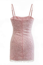 Spaghetti Straps Sequin Pink Short Fitted  Dress