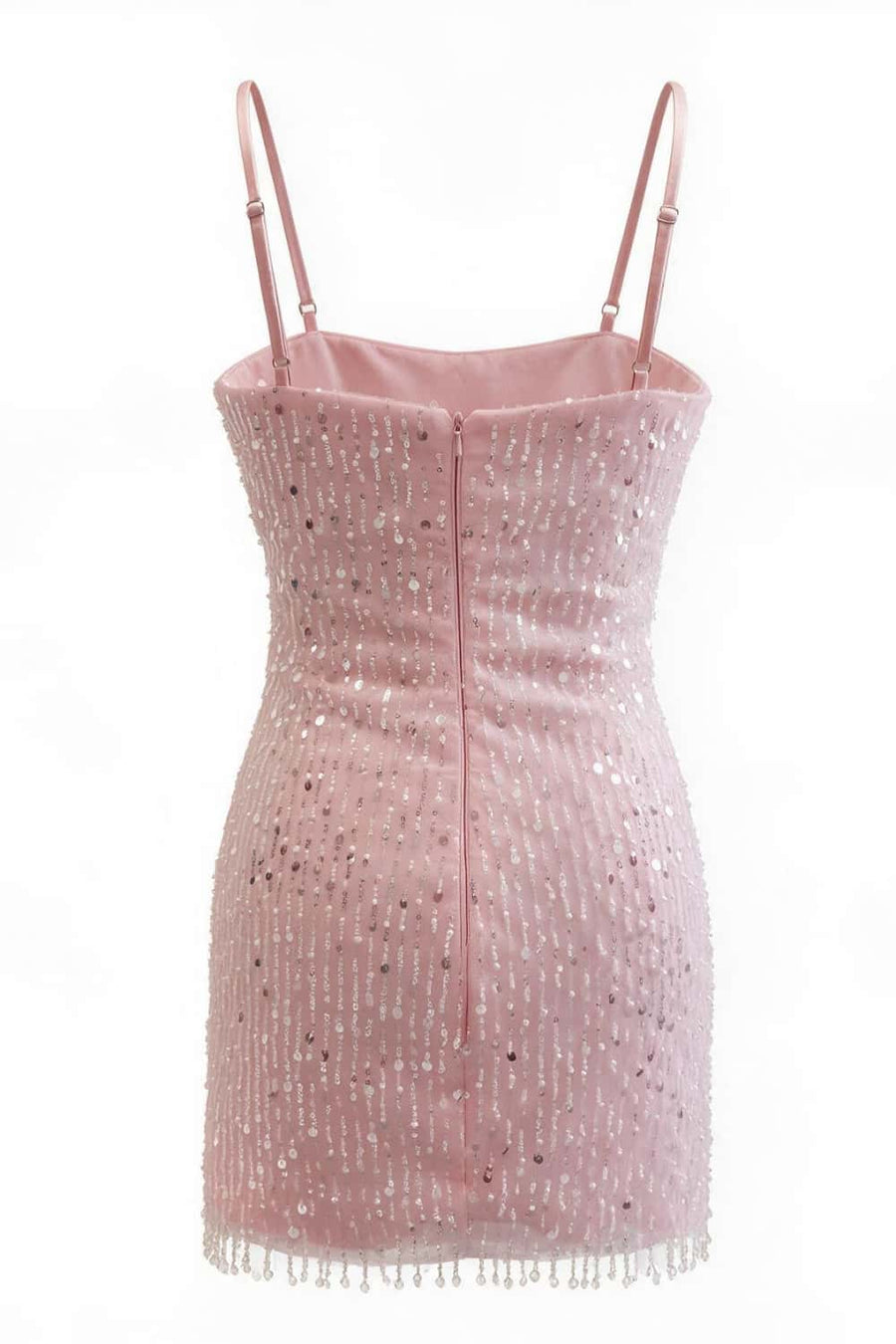 Spaghetti Straps Sequin Pink Short Fitted  Dress