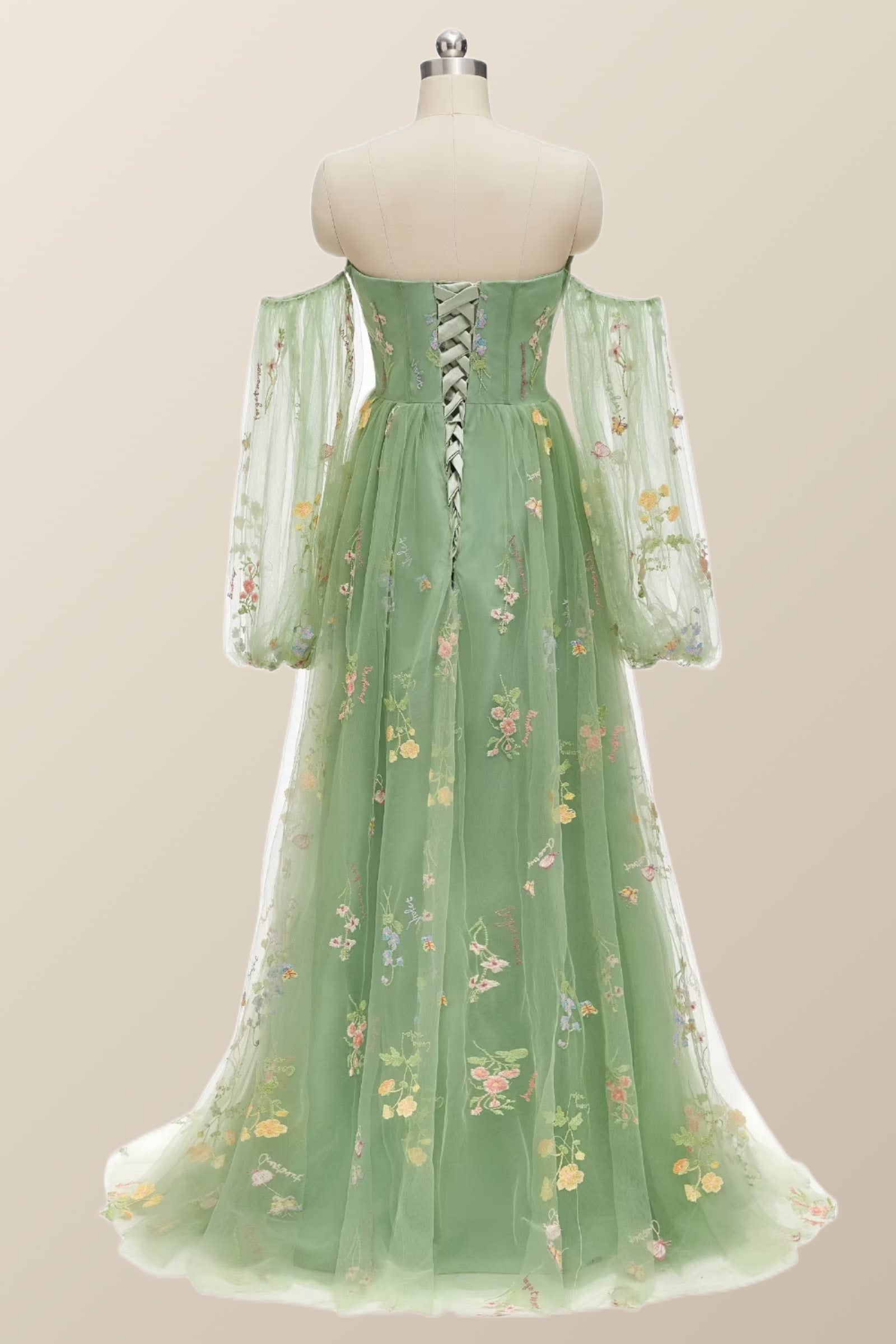 Puff Long Sleeves Green Floral Corset Long Formal Dress Ohmollydress Puff Long Sleeves Green Floral Corset Long Formal Dress Ohmollydress