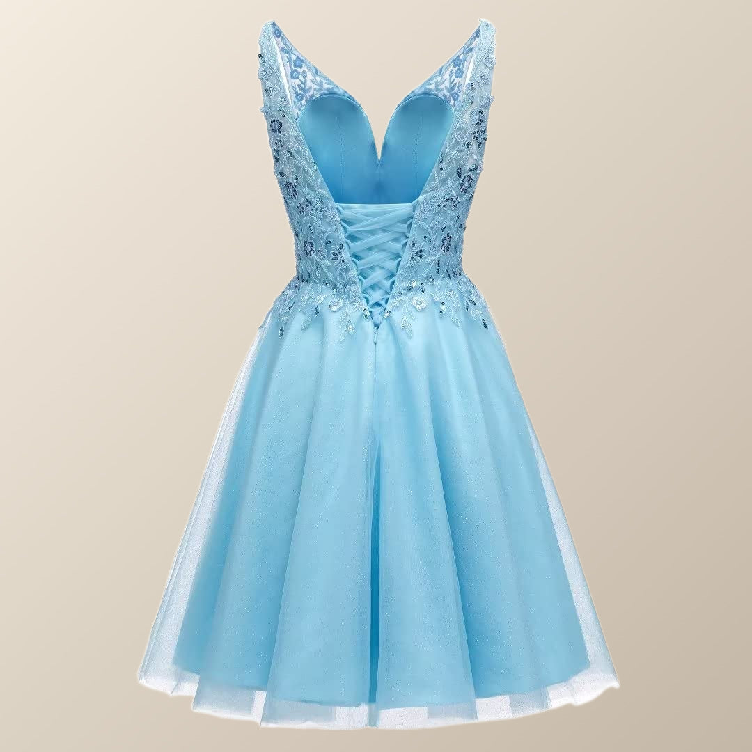 V Neck Blue Appliques Tulle A-line Short Dress