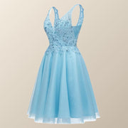 V Neck Blue Appliques Tulle A-line Short Dress