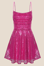 Straps Hot Pink Sequin Short Homecoming Dress