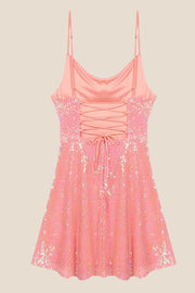 Straps Hot Pink Sequin Short Homecoming Dress