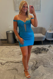 Off the Shoulder Blue Appliques Ruched Short Dress