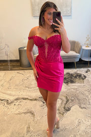 Off the Shoulder Blue Appliques Ruched Short Dress