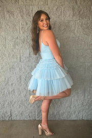 Light Blue Tulle Tiered Short A-line Dress