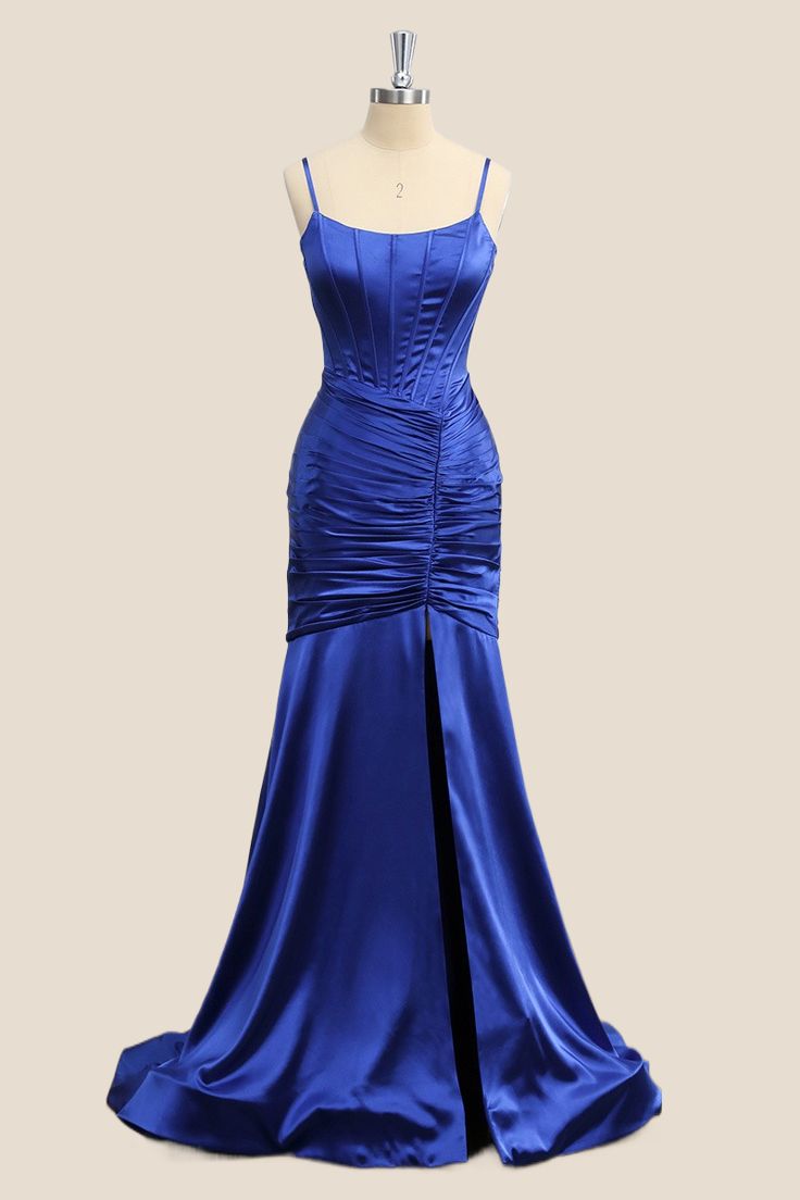 Spaghetti Straps Green Satin Mermaid Prom Dress