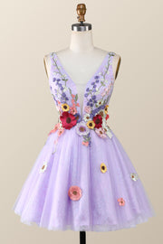 Lavender 3D Floral Embroidered A-line Party Dress