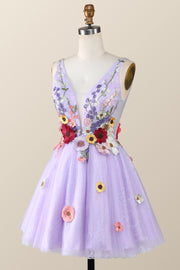 Lavender 3D Floral Embroidered A-line Party Dress
