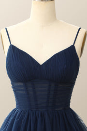 Straps Navy Blue Pleated A-line Homecoming Dress