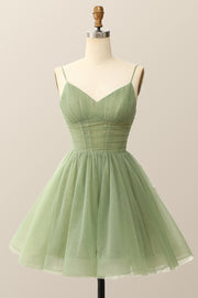 Straps Sage Green Pleated A-line Homecoming Dress