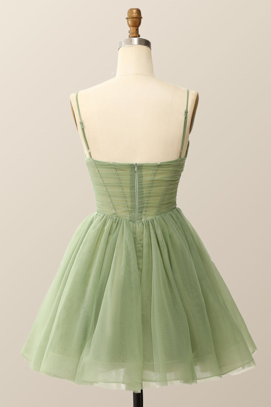 Straps Sage Green Pleated A-line Homecoming Dress
